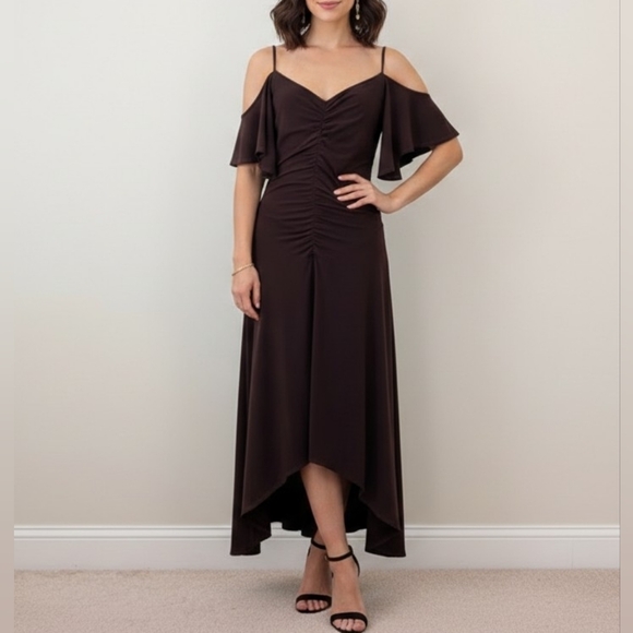 Laundry By Shelli Segal Dresses & Skirts - Vintage 90s Laundry by Shelli Segal Brown Ruched Cold Shoulder Midi - 8